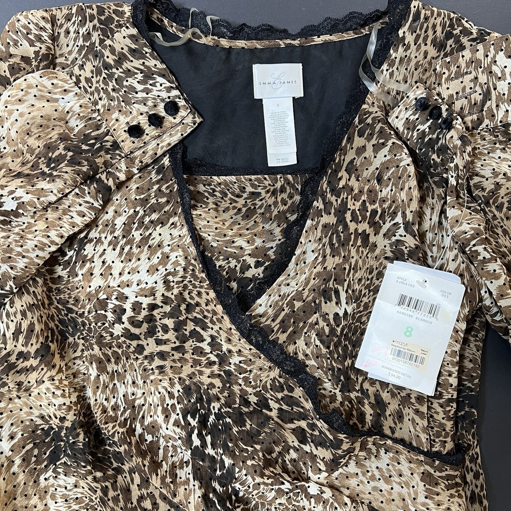 Emma‎ James Long Sleeve Blouse Women's Size 8 Leopard Print Luxury Boho NWT
